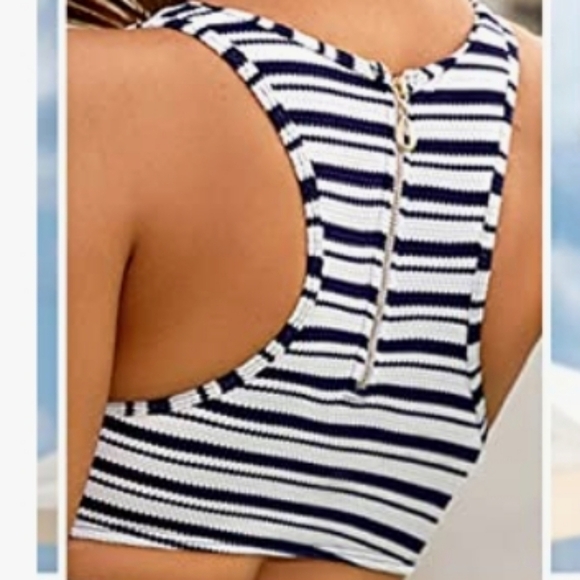 MOLYBELL Navy/White Swimsuit High Waisted Cut-our Zip-up Racerback Size Small - Picture 4 of 11
